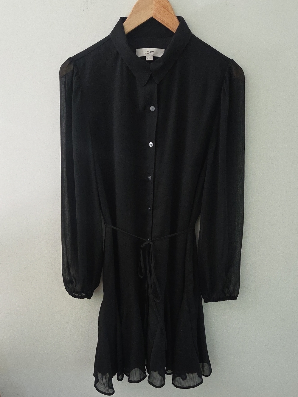 LOFT Black Long-Sleeve Tie-Waist Shirt Dress